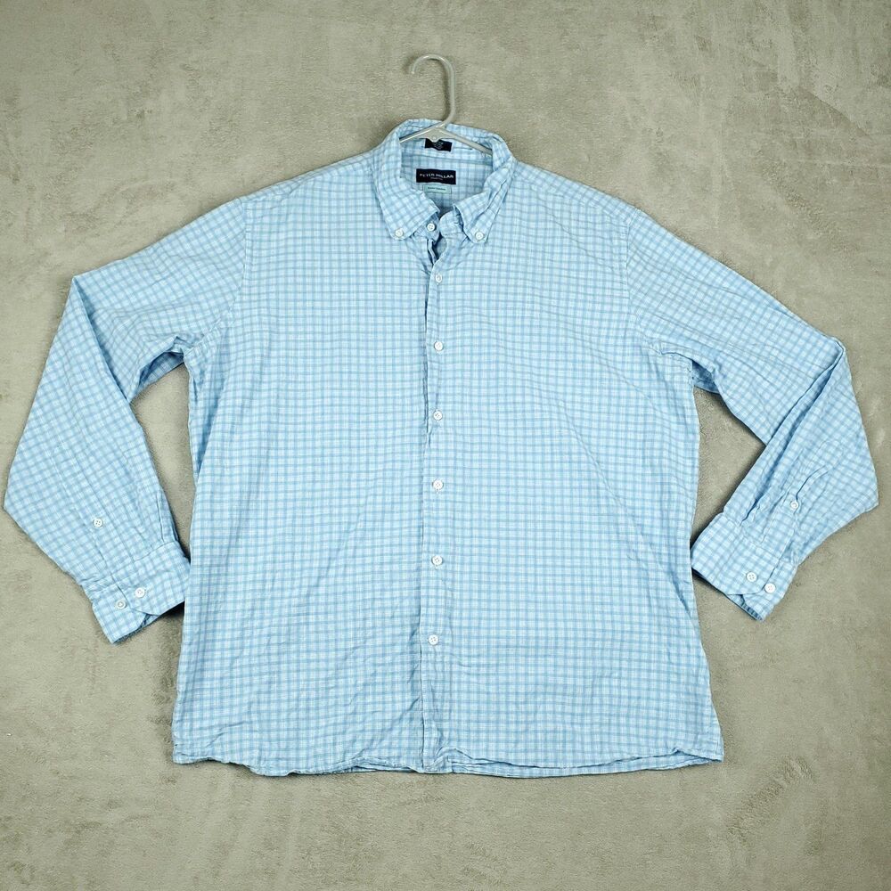 Peter Millar Shirt Mens XL Blue Summer Chambray Check Button Down Cotton Casual